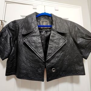 Black distressed cropped leather shacket / short sleeve jacket
